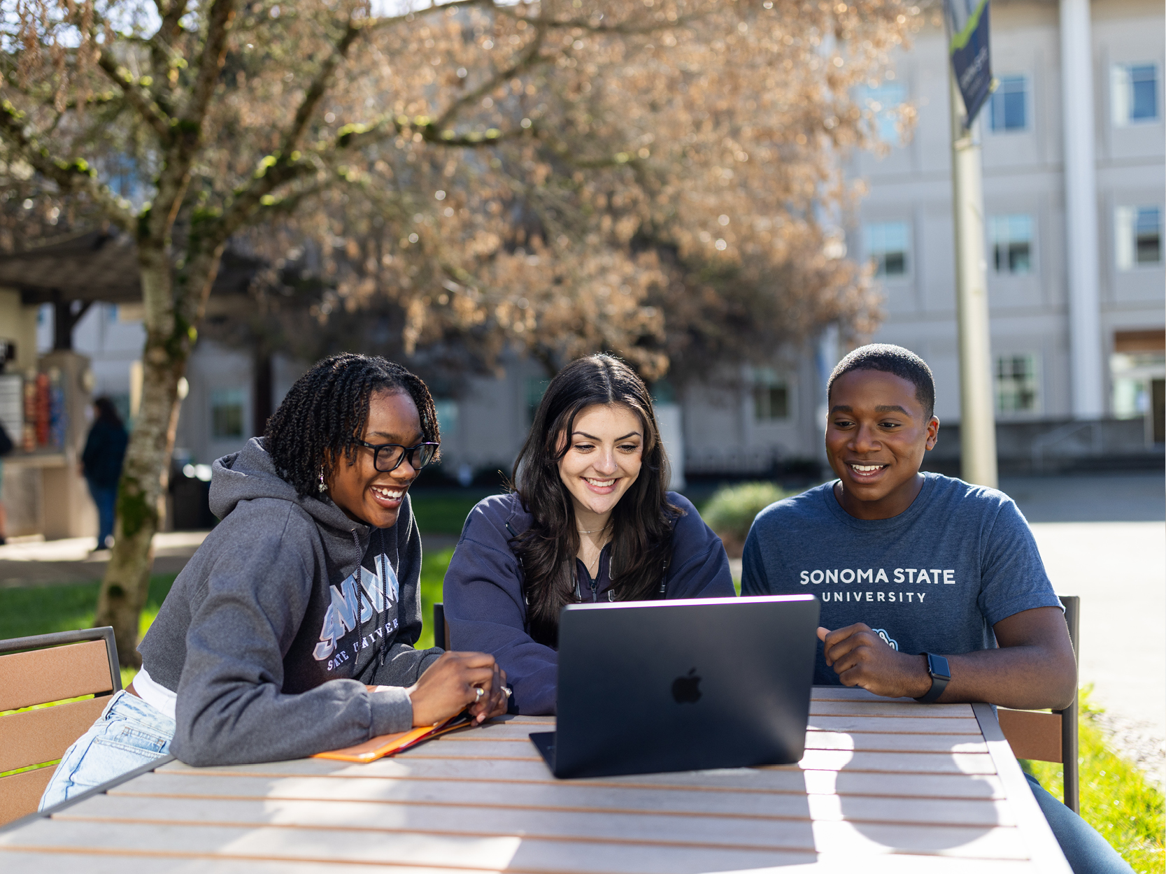 Three students on a computer