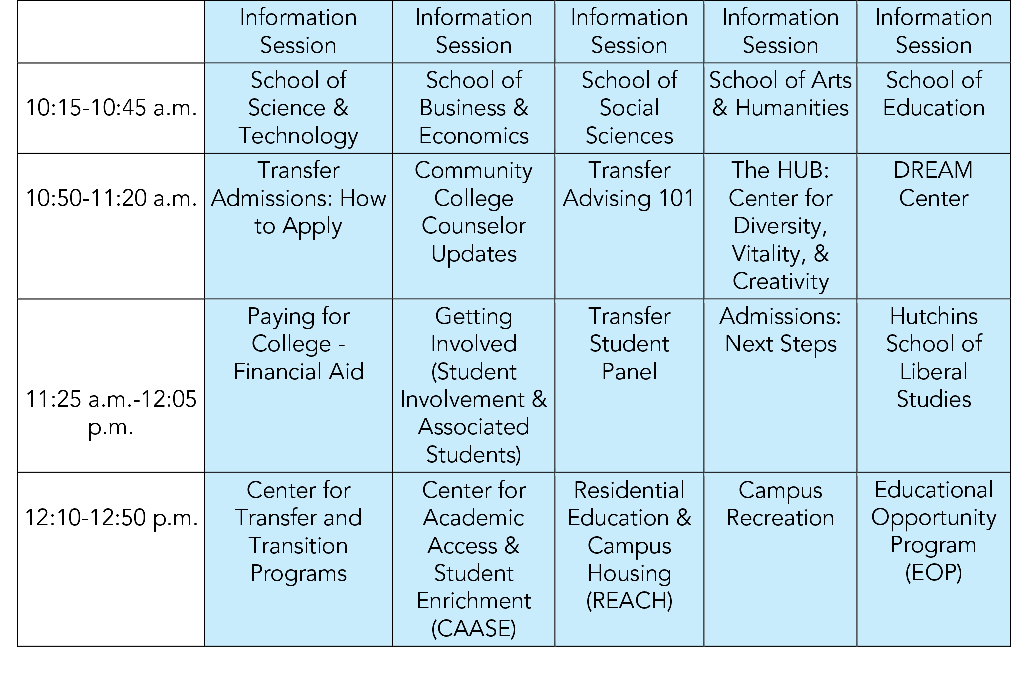 Workshop schedule for Virtual Transfer summit