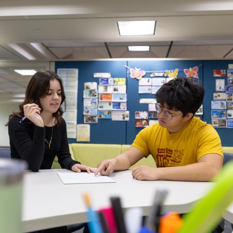 Two students meeting in learning center going over homework