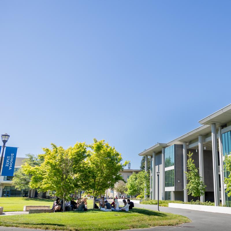 Stevenson building and students sitting outside on lawn in a class