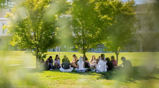 Group of students and professor sitting outside on the lawn having class