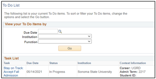 To Do List screenshot of task list stay on track for admissions