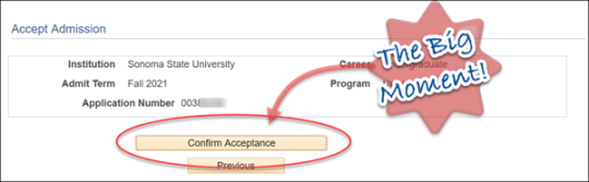 The big moment! screen showing the admission acceptance page with a circle around "confirm acceptance" and text saying "The Big Moment"